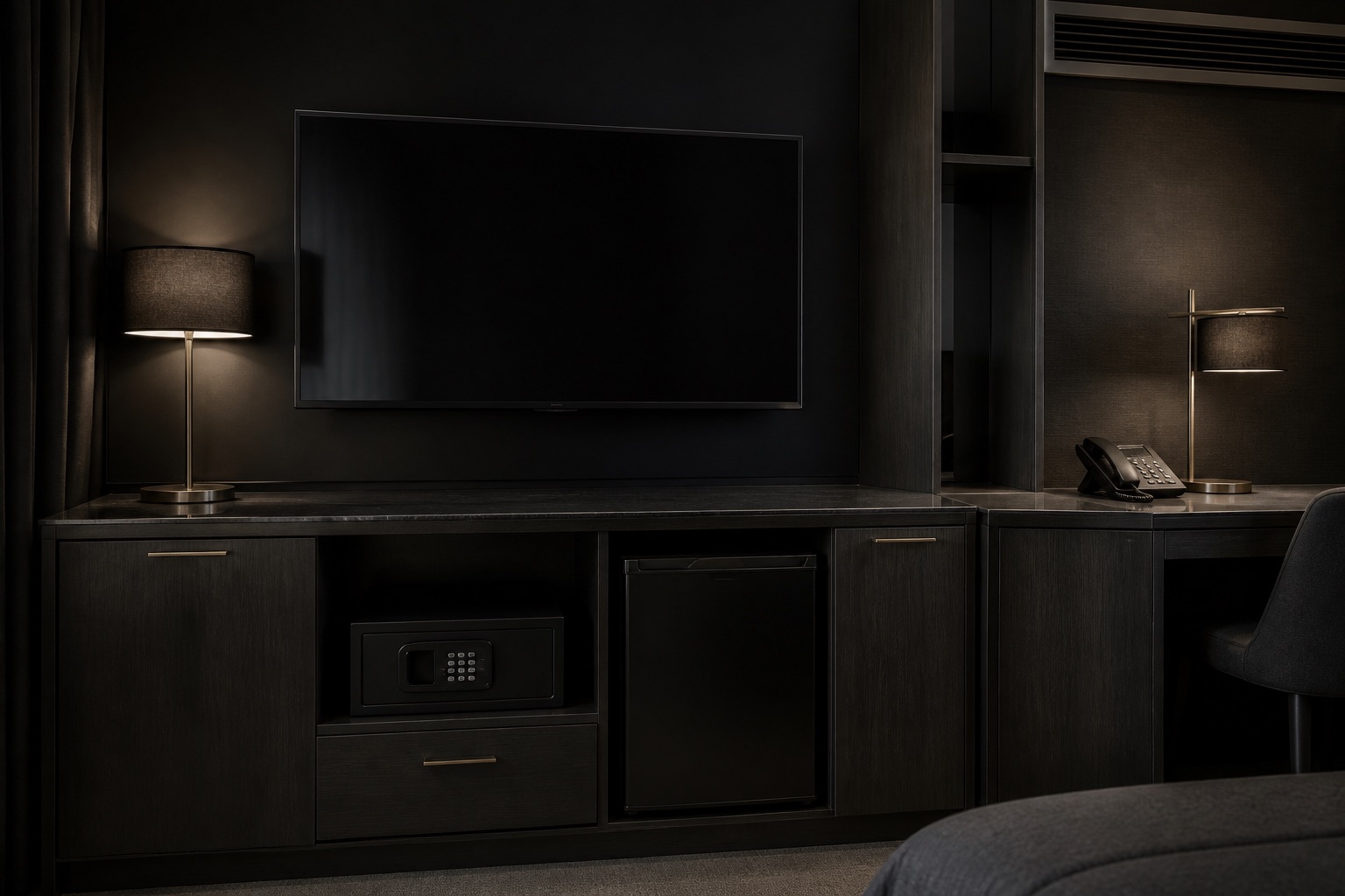 Televizyon, minibar, kasa ve otel oda ekipmanları